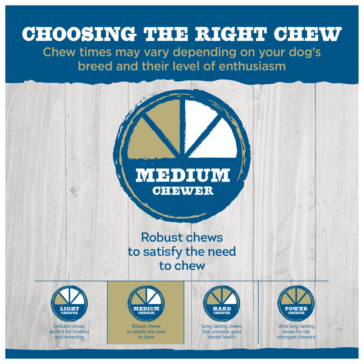 An infographic titled &quot;Choosing the Right Chew&quot; categorizes dog chews by intensity: Light, Medium, Hard, Power. The Medium section highlights Best Bully Sticks&#39; BB 7&quot; Roll Ups PB 4pk as robust, rawhide-free choices that support dental health.