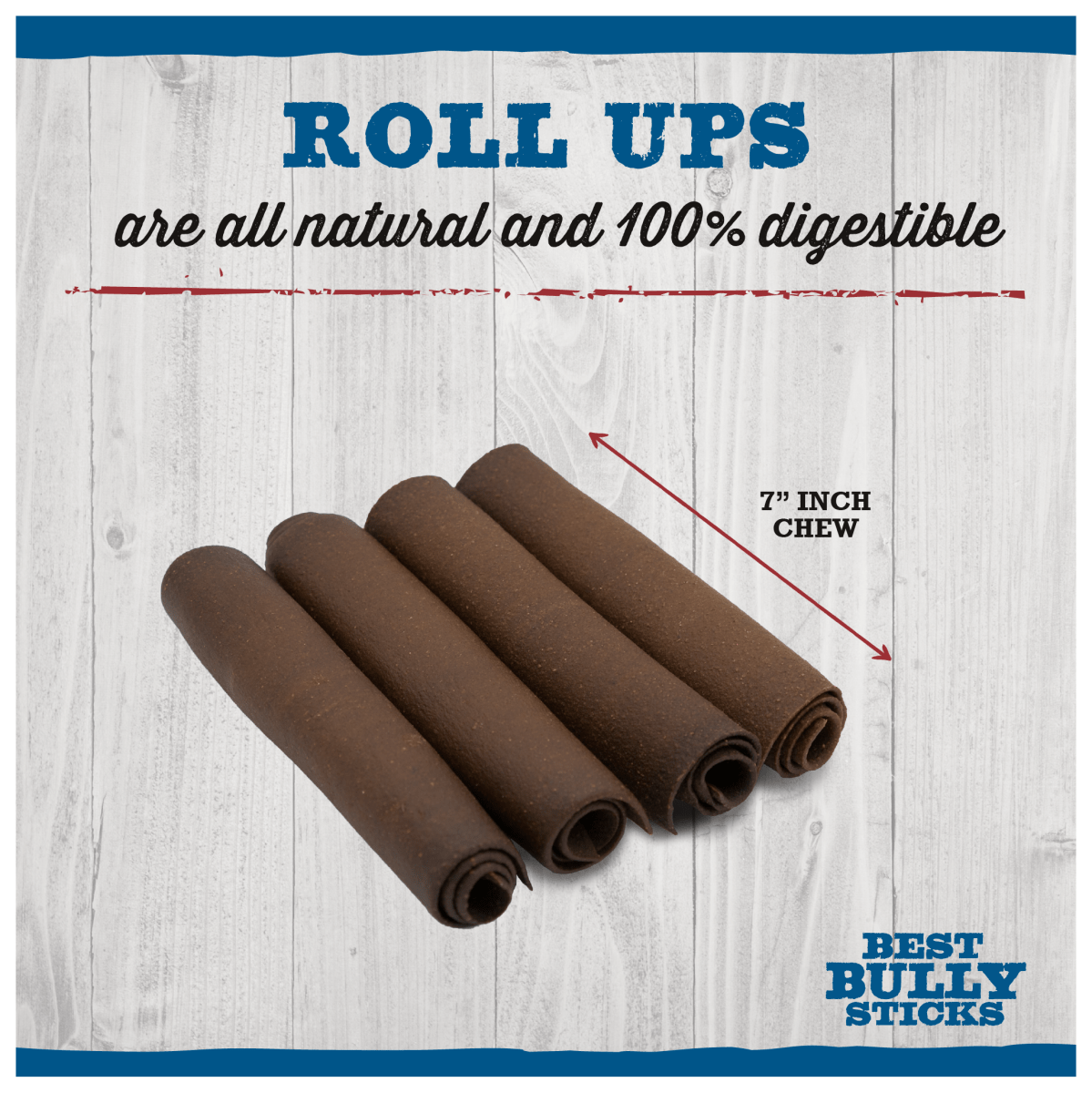 BB 7&quot; Roll Ups PB 4pk by Best Bully Sticks are all-natural, rawhide-free treats that promote dental health and are 100% digestible. Infused with peanut butter flavor, they are elegantly displayed on a wooden surface featuring the Best Bully Sticks branding.
