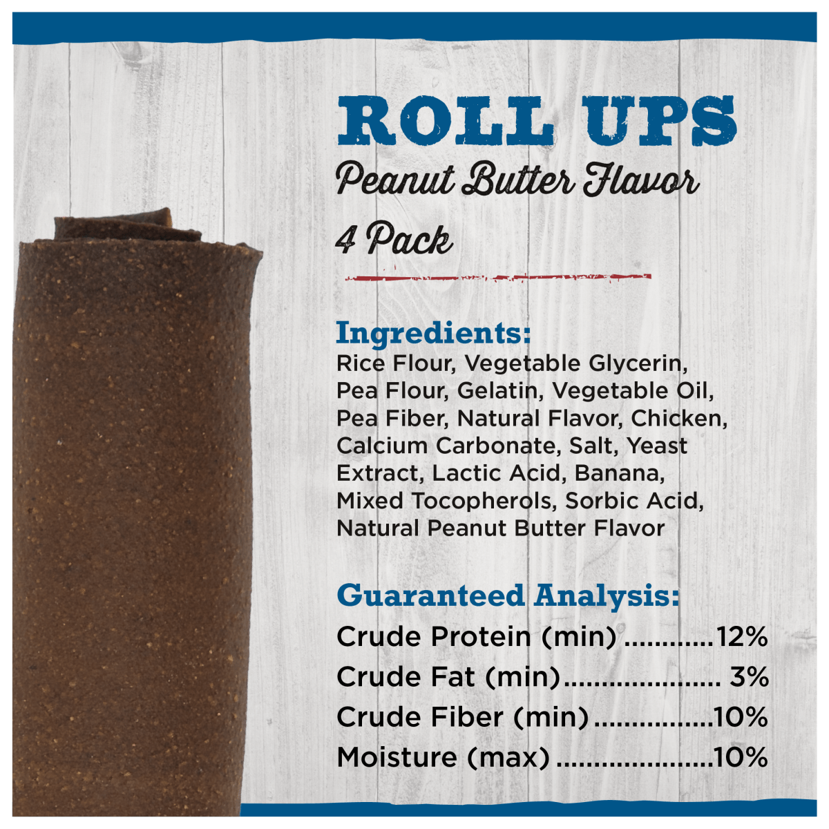 Image of &quot;BB 7\&quot; Roll Ups PB 4pk&quot; packaging by Best Bully Sticks. Ingredients feature a tasty peanut butter and rice flour blend. This rawhide-free snack supports dental health, with nutritional percentages clearly displayed.