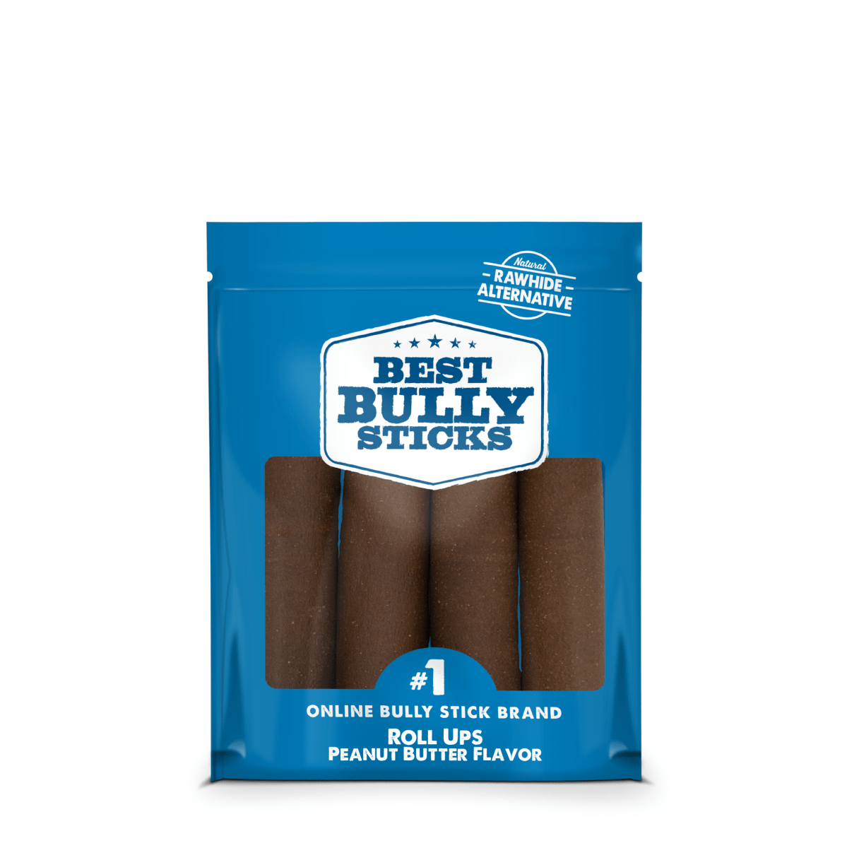 The &quot;Best Bully Sticks&quot; BB 7&quot; Roll Ups PB 4pk come in blue packaging, emphasizing their tasty peanut butter flavor and rawhide-free formula that promotes dental health.