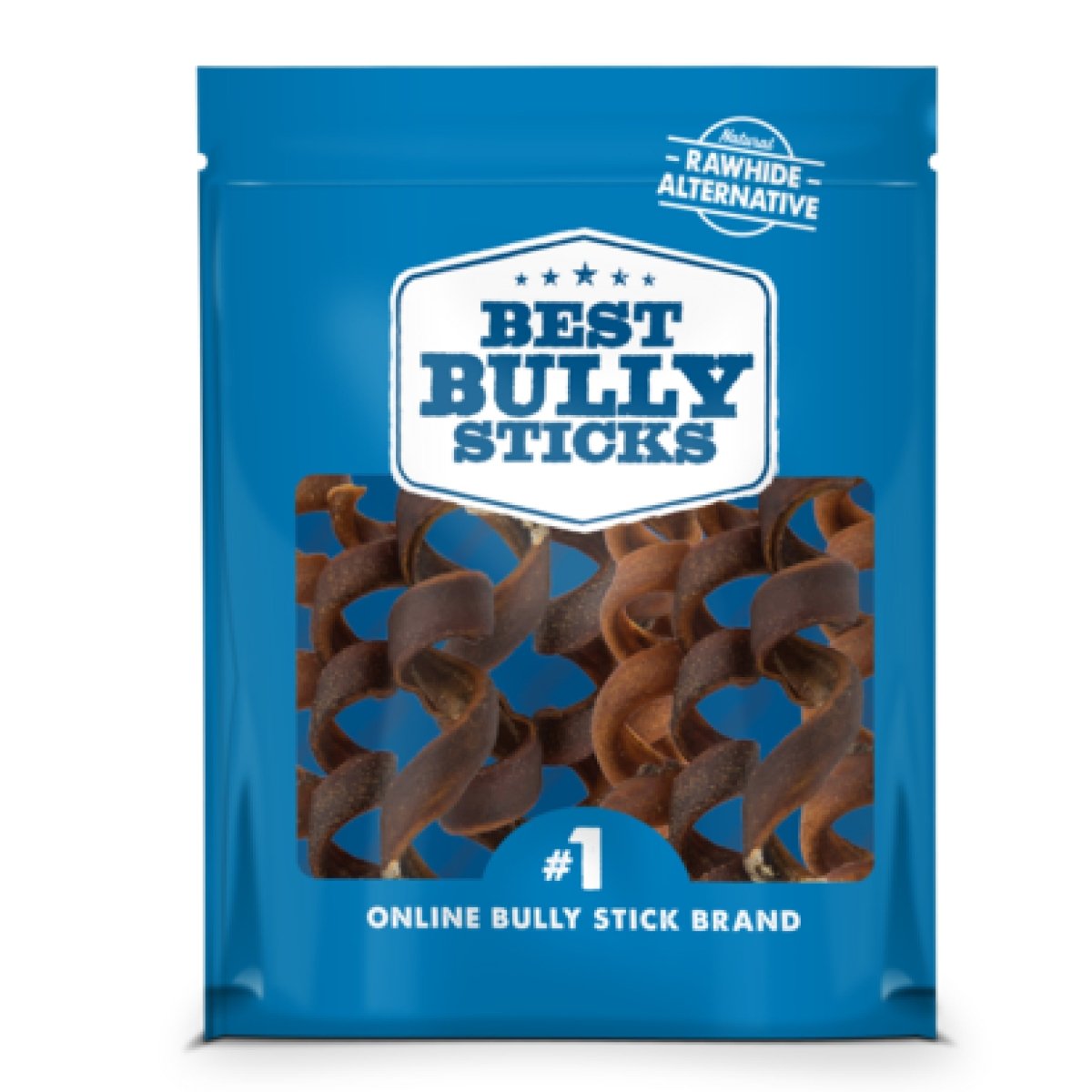 The blue packaging of Best Bully Sticks features their 9-inch Curly Collagen dog treats. The label emphasizes it as the top online bully stick brand and a rawhide alternative, offering a satisfying chew for dogs.