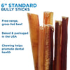 Five 6-Inch Standard Bully Sticks by Best Bully Sticks stand upright beside text noting they&#39;re made from grass-fed beef, baked and packaged in the USA, and help promote dental health through chewing.