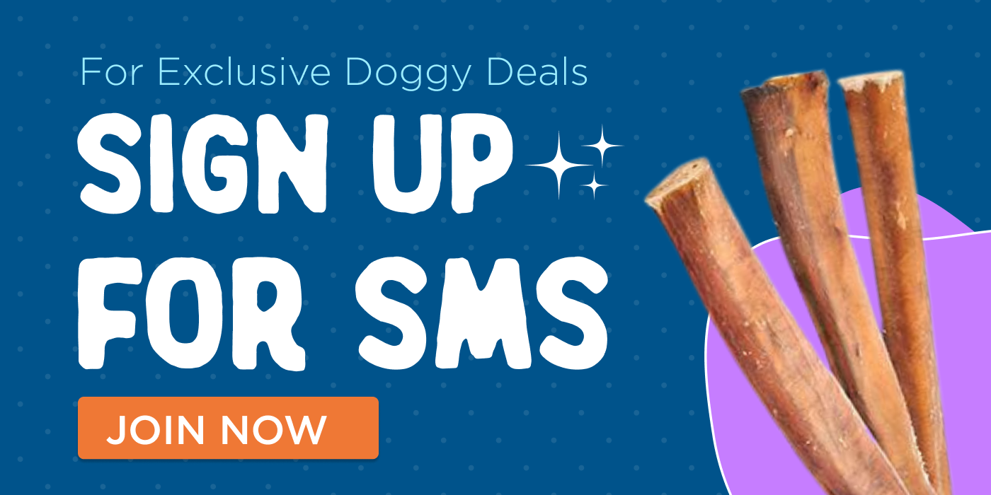 3 bully sticks on blue background - sign up for SMS