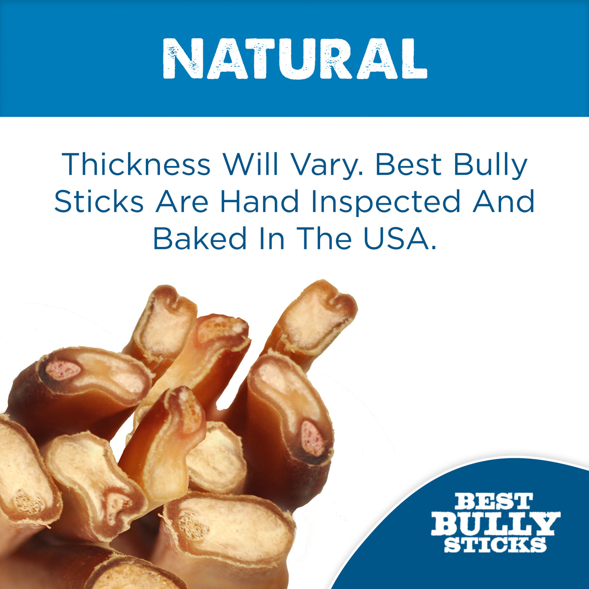 A pile of Bully Sticks by Best Bully Sticks is shown; these hand-inspected dental chews are baked in the USA, and thickness may vary.