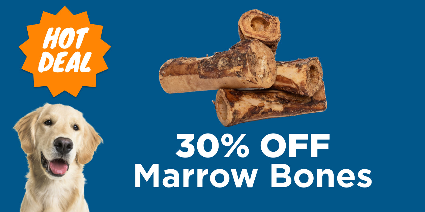 dog next to 3 marrow bones with text 30% off marrow bones