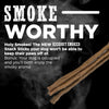 A picture of a Hickory Smoked Beef Snack Stick Medium with the words smoke worthy, by Best Bully Sticks.