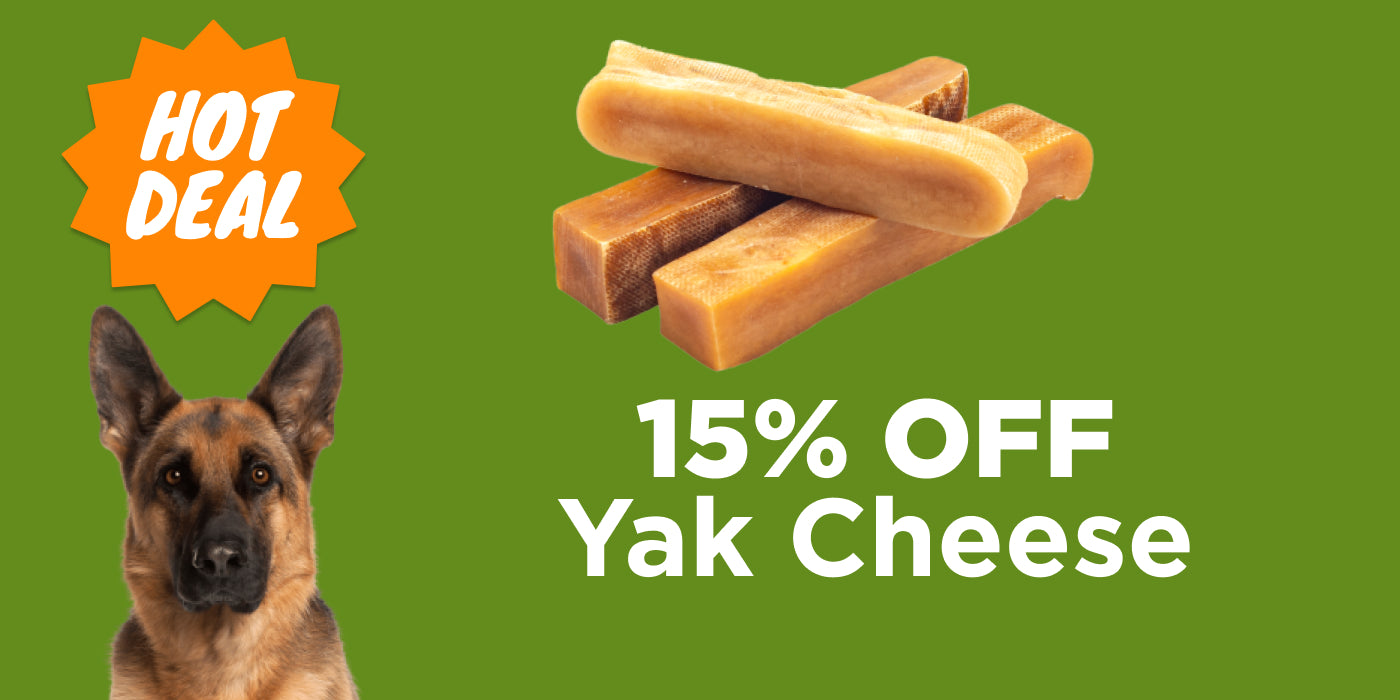 Yak Cheese Tile German shepard next to yak cheese with text yak cheese 15% off