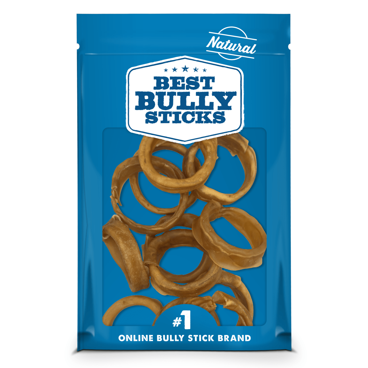 A blue plastic bag filled with brown, circular Best Bully Sticks Beef Collagen Thick Ring dog chews, a natural alternative to rawhide.