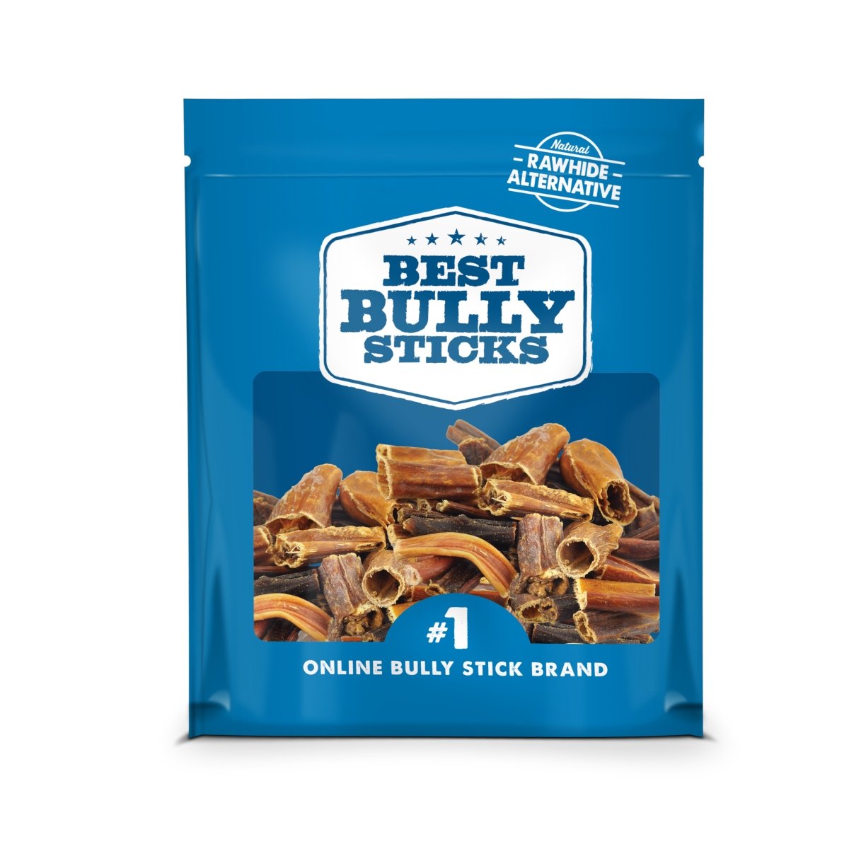 A blue package labeled &quot;Best Bully Sticks&quot; with a clear panel reveals rolled Beef Gullet Jerky Mix inside, promoting dental health. Bottom text reads &quot;#1 Online Bully Stick Brand.