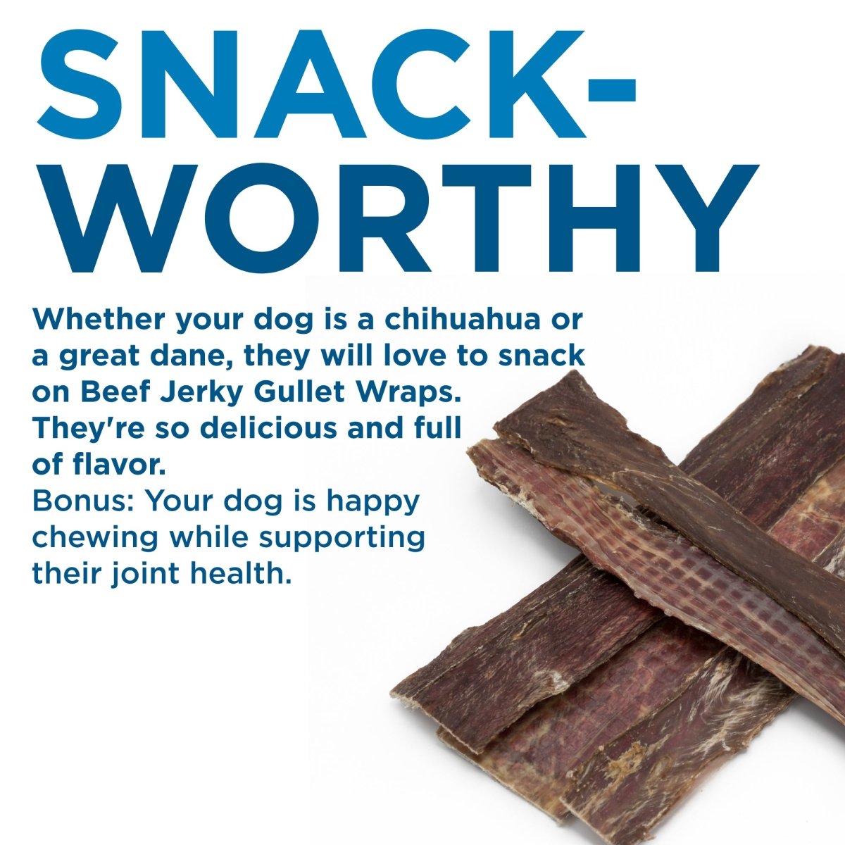 Three 12-Inch Beef Jerky Gullet Strips from Best Bully Sticks, chondroitin-rich single-ingredient treats for dogs of all sizes, are displayed on a white background alongside text highlighting their benefits.