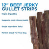 Four 12-Inch Beef Jerky Gullet Strips from Best Bully Sticks are shown upright beside text highlighting their digestibility, joint-supporting chondroitin, and single-ingredient formula for dogs.