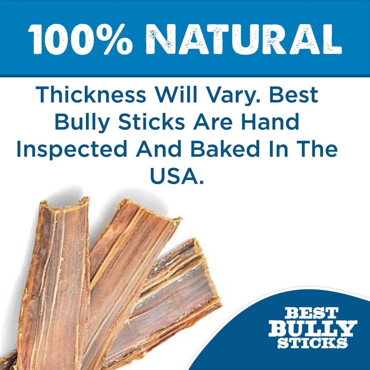Three 12-Inch Beef Jerky Gullet Strips from Best Bully Sticks are at the bottom left, described as 100% natural, single-ingredient treats, hand inspected, baked in the USA, with varying thickness.