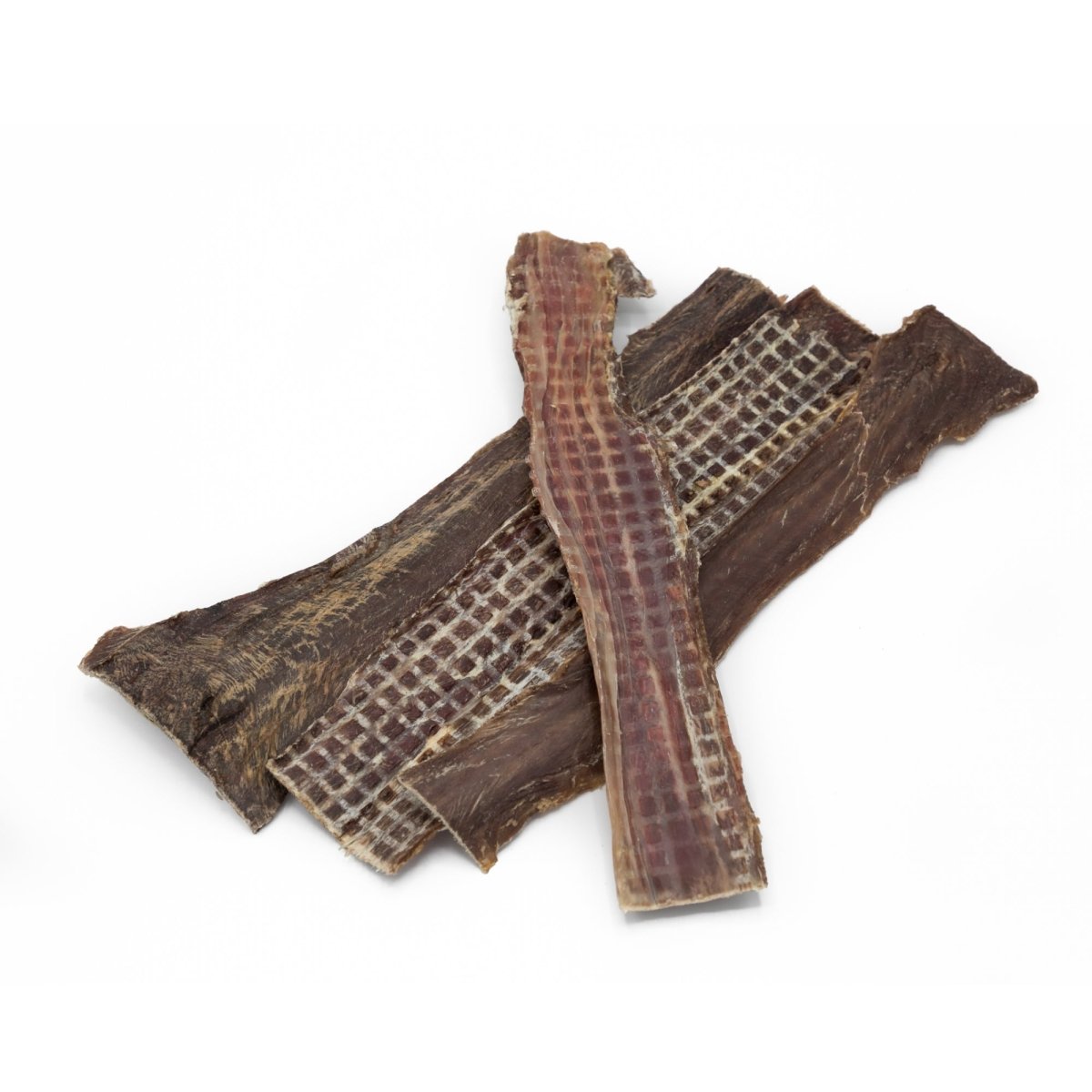 Three 12-Inch Beef Jerky Gullet Strips from Best Bully Sticks, rich in chondroitin for joint health, are displayed on a white background.