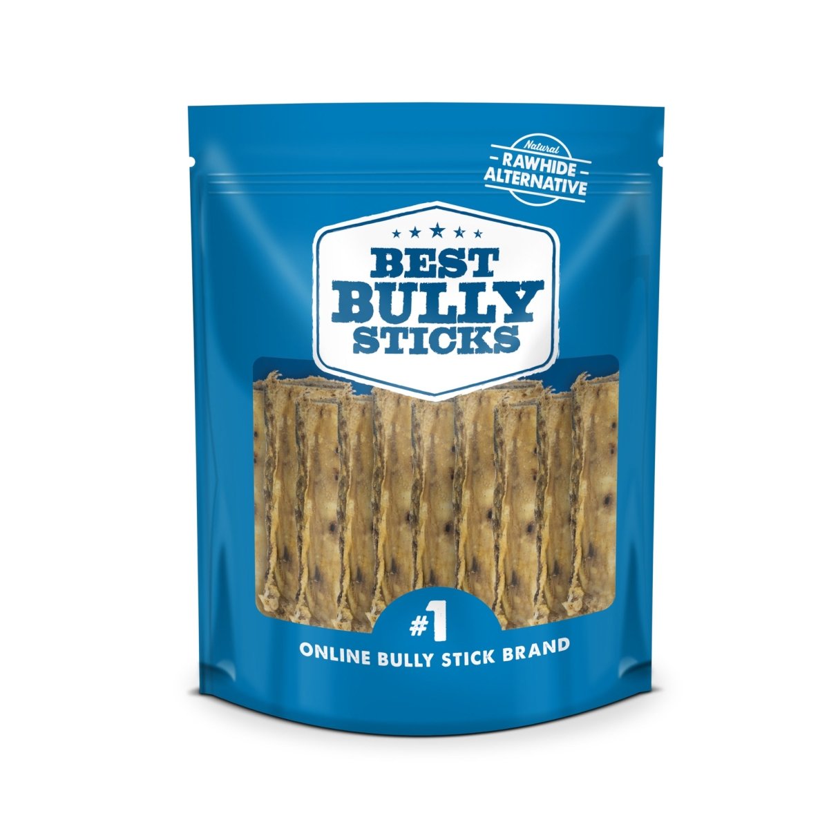 A blue bag labeled "Best Bully Sticks" contains Beef Rib Bone (10 Pack) natural dog chews, sold as a rawhide alternative and the "#1 online bully stick brand.