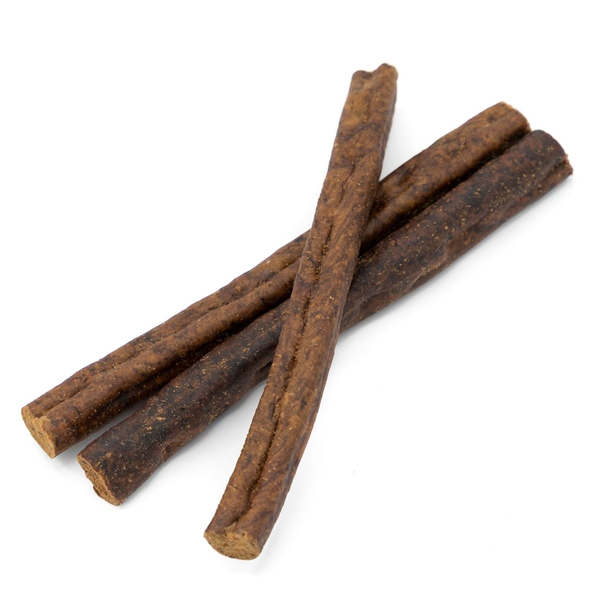 Three Best Bully Sticks Beef Sausages on a white background.