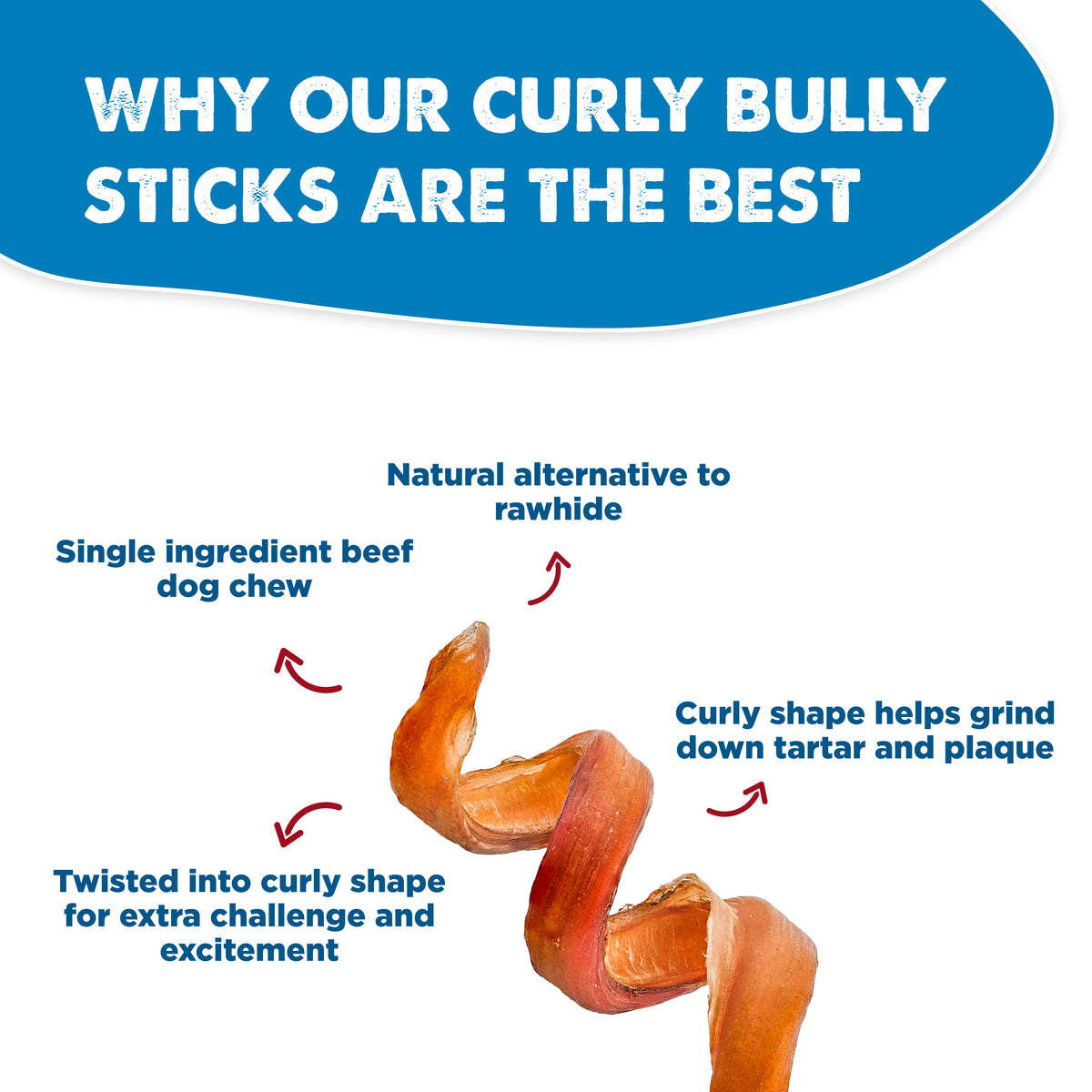 The Premium 5-6 Inch Curly Bully Sticks from Best Bully Sticks are single-ingredient, natural dog chews made from free-range, grass-fed beef—a safe rawhide alternative that also helps support dental health.