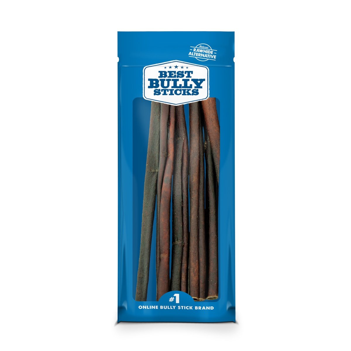 A blue resealable Best Bully Sticks bag contains several 12-inch beef collagen sticks for dogs, visible through a clear window—a natural alternative to rawhide.