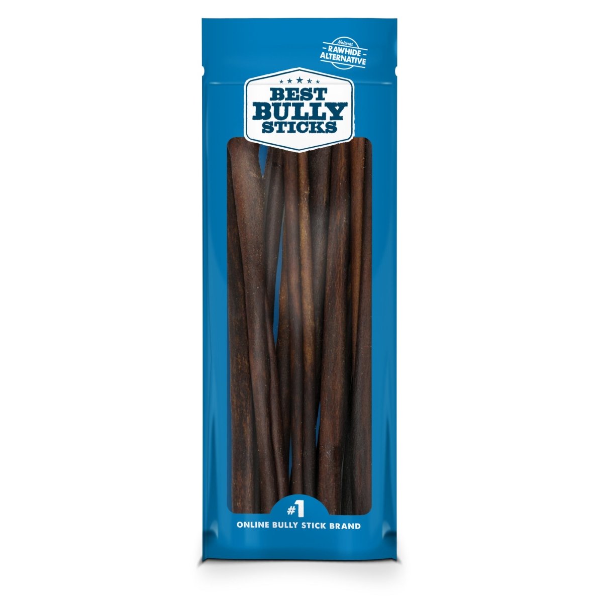 A blue package labeled &quot;Best Bully 12 Inch Peanut Butter Collagen&quot; contains brown cylindrical dog treats, offering a natural rawhide alternative for dental health from Best Bully Sticks.