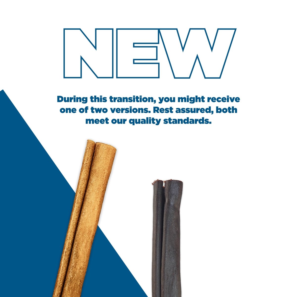 The image shows two Best Bully Collagen Sticks from Best Bully Sticks side by side, with text noting that you may receive either version during a transition. Both high-quality sticks offer a rawhide alternative and support dental health due to their beef collagen content.