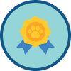 A gold paw print medal with blue ribbons is centered on a light blue circular background outlined in dark blue.