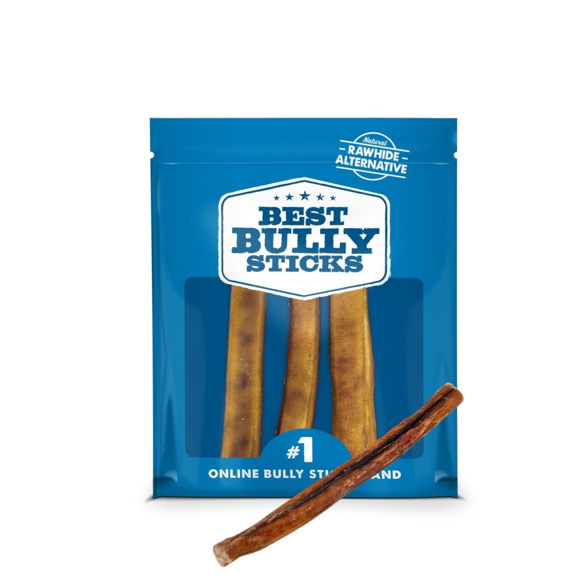 A blue package labeled &quot;Best Bully Sticks&quot; features the Biggest Bully Stick Ever - Limited Edition, a 3-pack of 12-inch sticks for power chewers, plus an extra stick in front to support dental health.