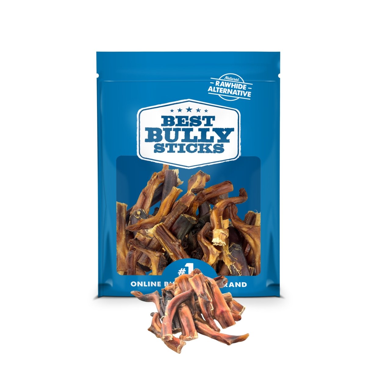 A blue bag labeled &quot;Best Bully Sticks&quot; contains Bully Bite all-natural bully sticks for small dogs, with extra sticks shown in front of the package.