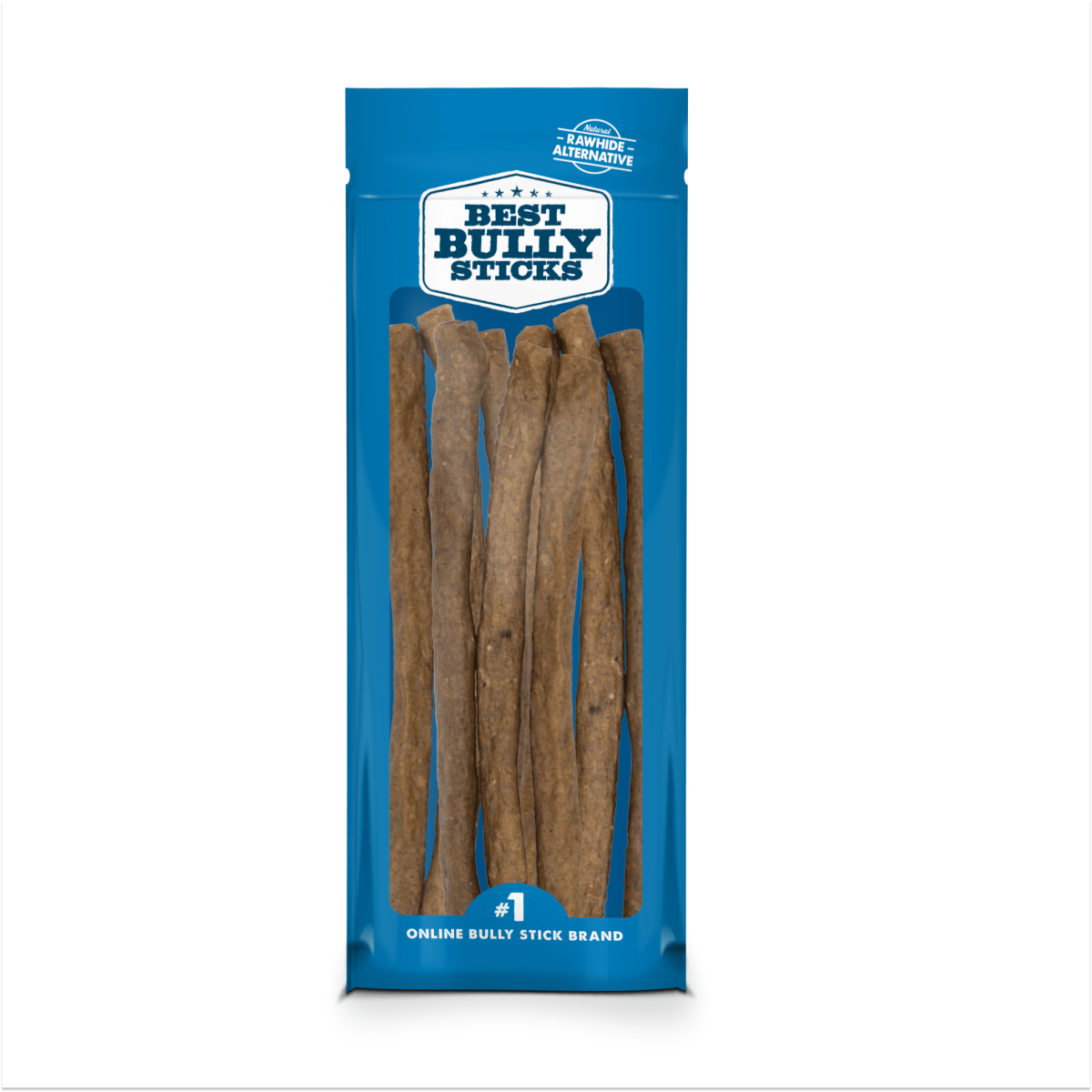 A blue resealable bag labeled "Best Bully Sticks" contains Bully Snack Sticks Large—long, brown chews that are easy to digest dog treats.