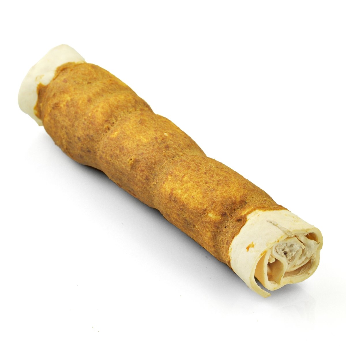 A large, thick cylindrical rawhide dog chew from Best Bully Sticks, named Chicken Wrapped Beef Cheek, crafted with natural ingredients, is showcased on a white background.