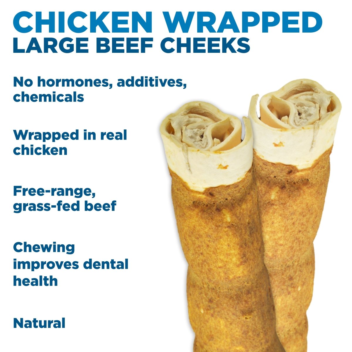Best Bully Sticks&#39; Chicken Wrapped Beef Cheek - Large features two beef cheeks wrapped in chicken, promoting dental health with all-natural ingredients and no hormones.