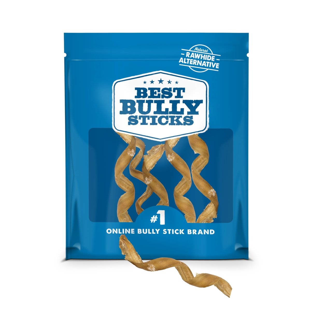 A blue Best Bully Sticks bag displays Curly Bully Sticks—natural  dog chew, ideal for helping support your dog&#39;s dental health.