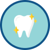 Illustration of a white tooth with sparkles on a blue circular background, representing dental cleanliness or oral hygiene.