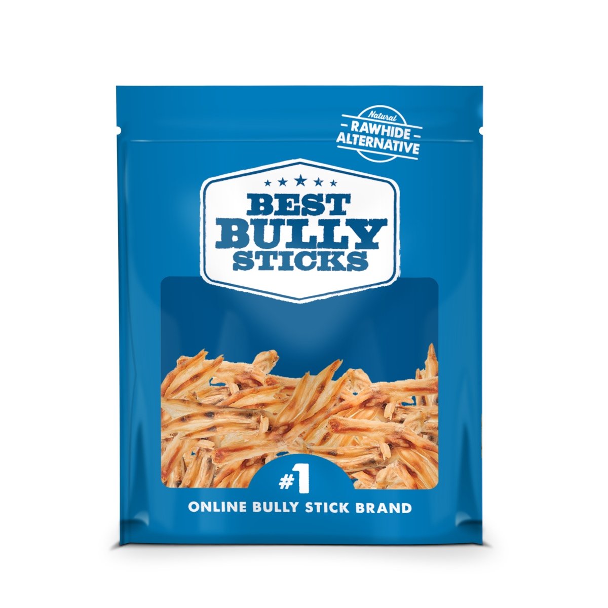 Blue packaging labeled &quot;Best Bully Sticks&quot; contains protein-packed Duck Feet Dog Treats (25 Pack). Text reads &quot;#1 Online Bully Stick Brand&quot; and &quot;Natural Rawhide Alternative.