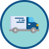 Icon of a delivery truck in blue and white colors, shown in profile on a light blue circular background with a dark blue border.