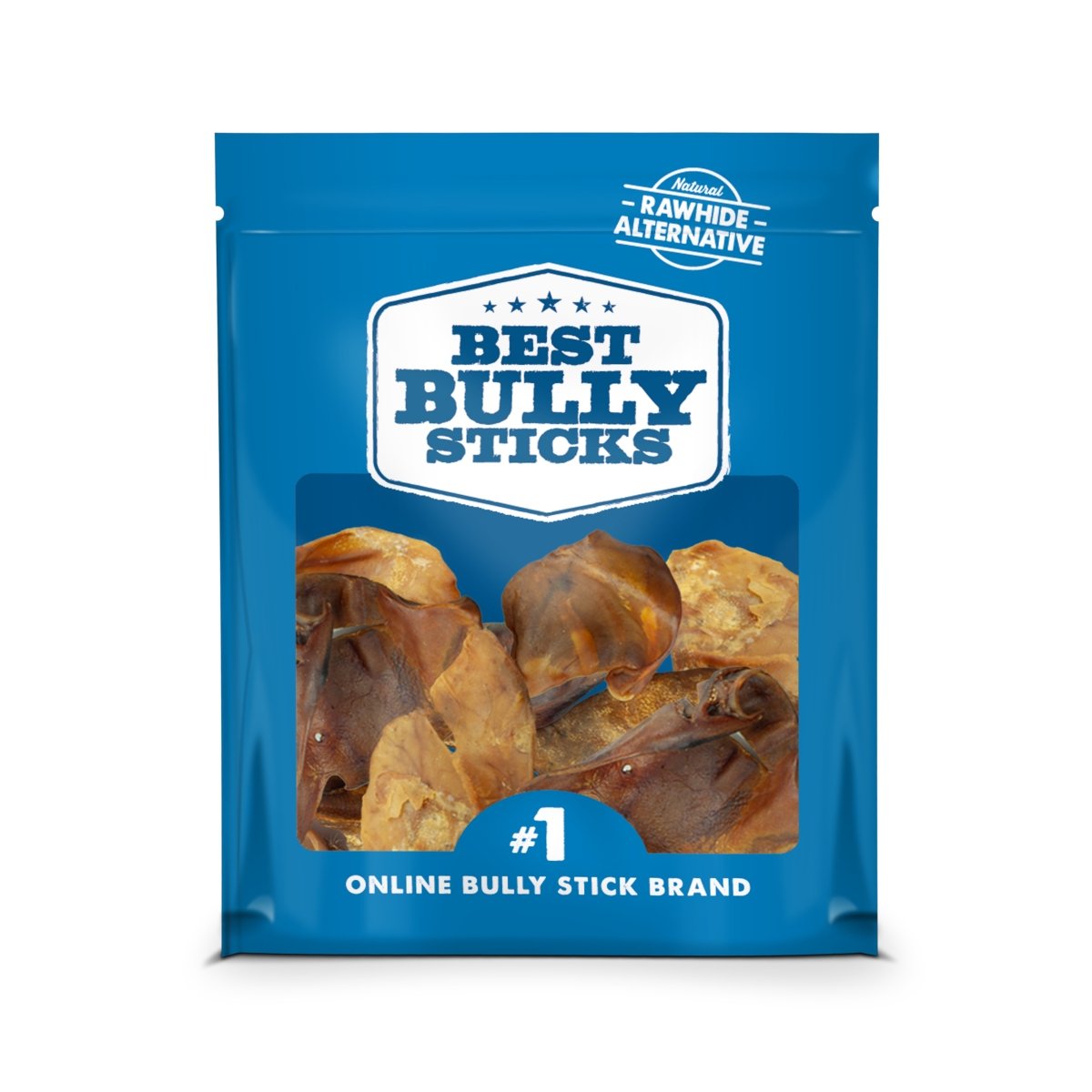 The blue packaging of &quot;Best Bully Sticks,&quot; known for being the &quot;#1 Online Bully Stick Brand,&quot; features single-ingredient, protein-packed dried chews as a rawhide alternative.