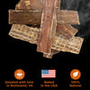 A pile of Best Bully Sticks 5-6 Inch Hickory Smoked Beef Jerky Gullet Strips on a black background, with icons reading &quot;Smoked with love in Richmond, VA,&quot; &quot;Baked in the USA,&quot; and &quot;100% Natural&quot;—great for your dog’s dental health.