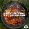 A grill with flames and charcoal, overlaid with &quot;A SCENT-SATIONAL CHEWING EXPERIENCE.&quot; Featuring Best Bully Sticks 5-6 Inch Hickory Smoked Beef Jerky Gullet Strips. Best Bully Sticks logo appears in the bottom right corner.