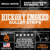 Packaging for Best Bully Sticks 5-6 Inch Hickory Smoked Beef Jerky Gullet Strips—handcrafted in Richmond, VA with real hickory and natural ingredients. Made in the USA to promote dental health and offer dogs an irresistible aroma.