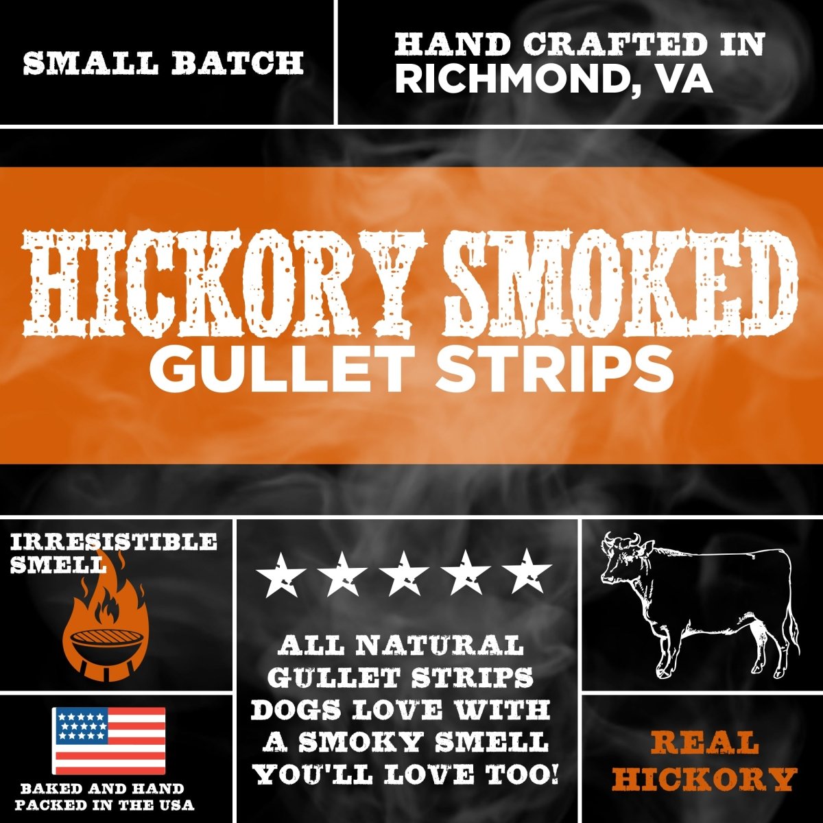 Packaging for Best Bully Sticks 5-6 Inch Hickory Smoked Beef Jerky Gullet Strips—handcrafted in Richmond, VA with real hickory and natural ingredients. Made in the USA to promote dental health and offer dogs an irresistible aroma.