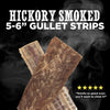 Two brown 5-6 Inch Hickory Smoked Beef Jerky Gullet Strips by Best Bully Sticks crossed on black with smoke, product name, a five-star review, and the phrase &quot;Smells so good even you&#39;ll want to chew it!&quot;—tasty dog treats that support dental health.