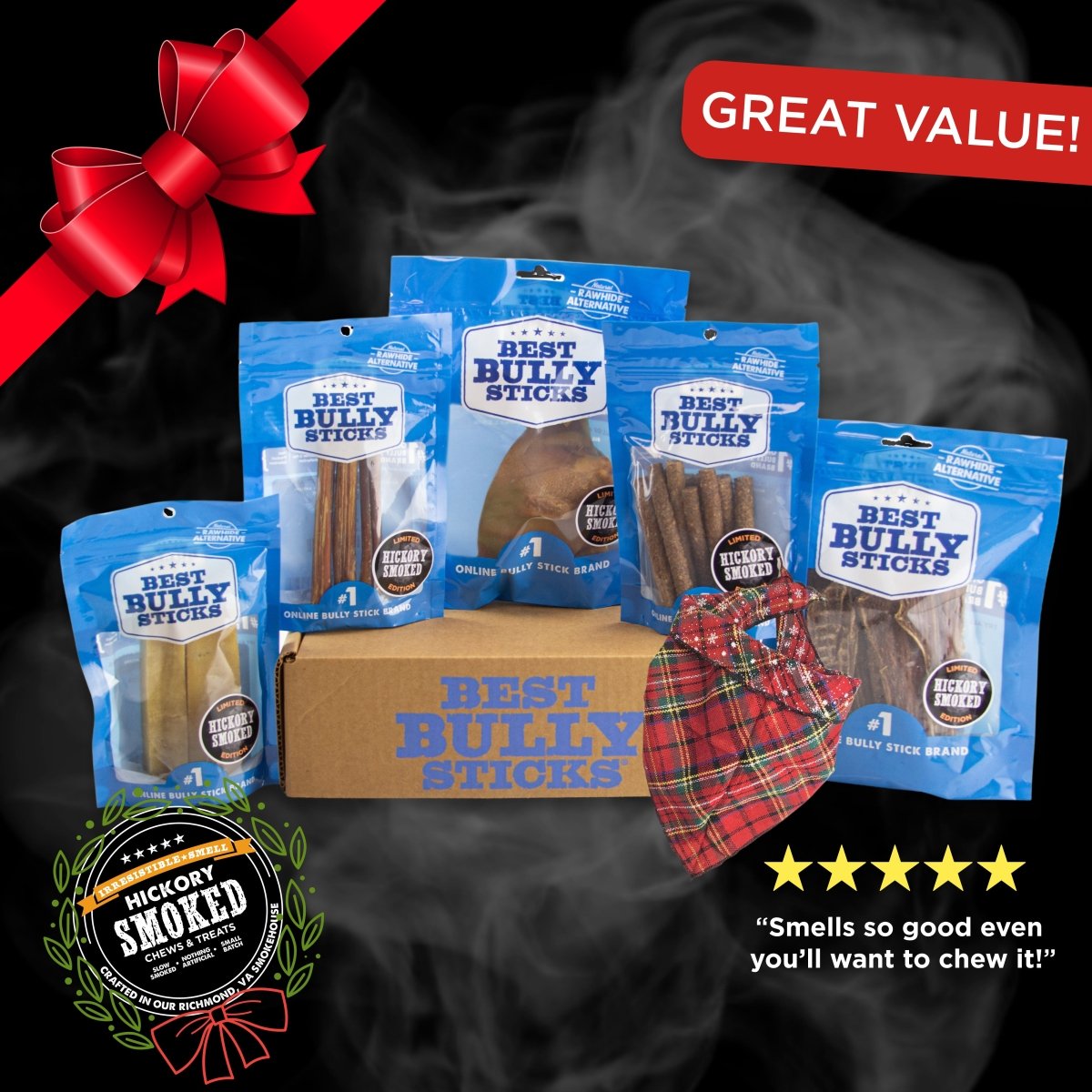 The Best Bully Sticks Hickory Smoked Sampler Box, in blue packaging, is displayed with a branded box, plaid bow, red ribbon, and value promotional labels highlighting the hickory smoked dog chews flavor.