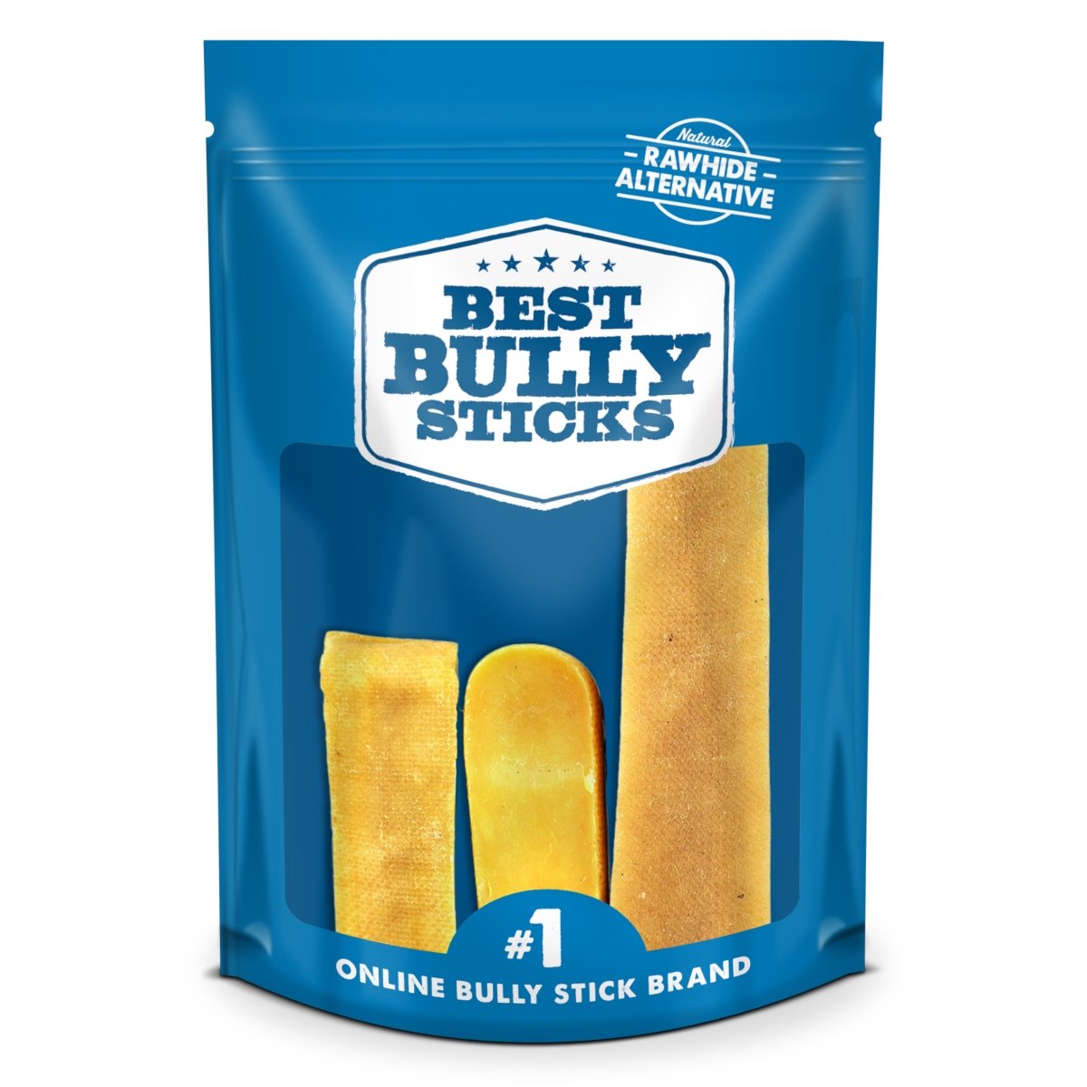 A blue Best Bully Sticks package labeled “Rawhide Alternative” and “#1 Online Bully Stick Brand,” displays three bully sticks and features all-natural Himalayan Golden Yak Cheese Odor-Free dog chews (Mixed 3 Pack) made from yak and cow’s milk.