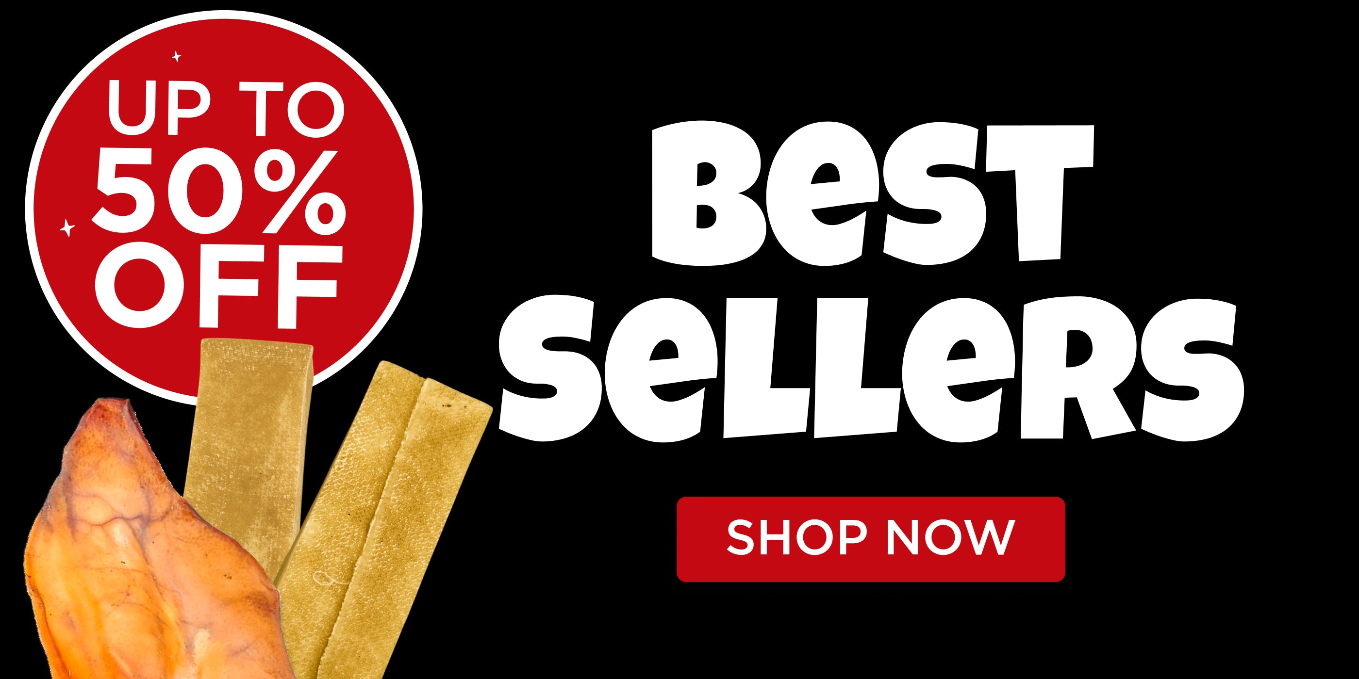 Promotional banner with 'Up to 50% Off' offer, 'Best Sellers' text, and 'Shop Now' button on a black background.