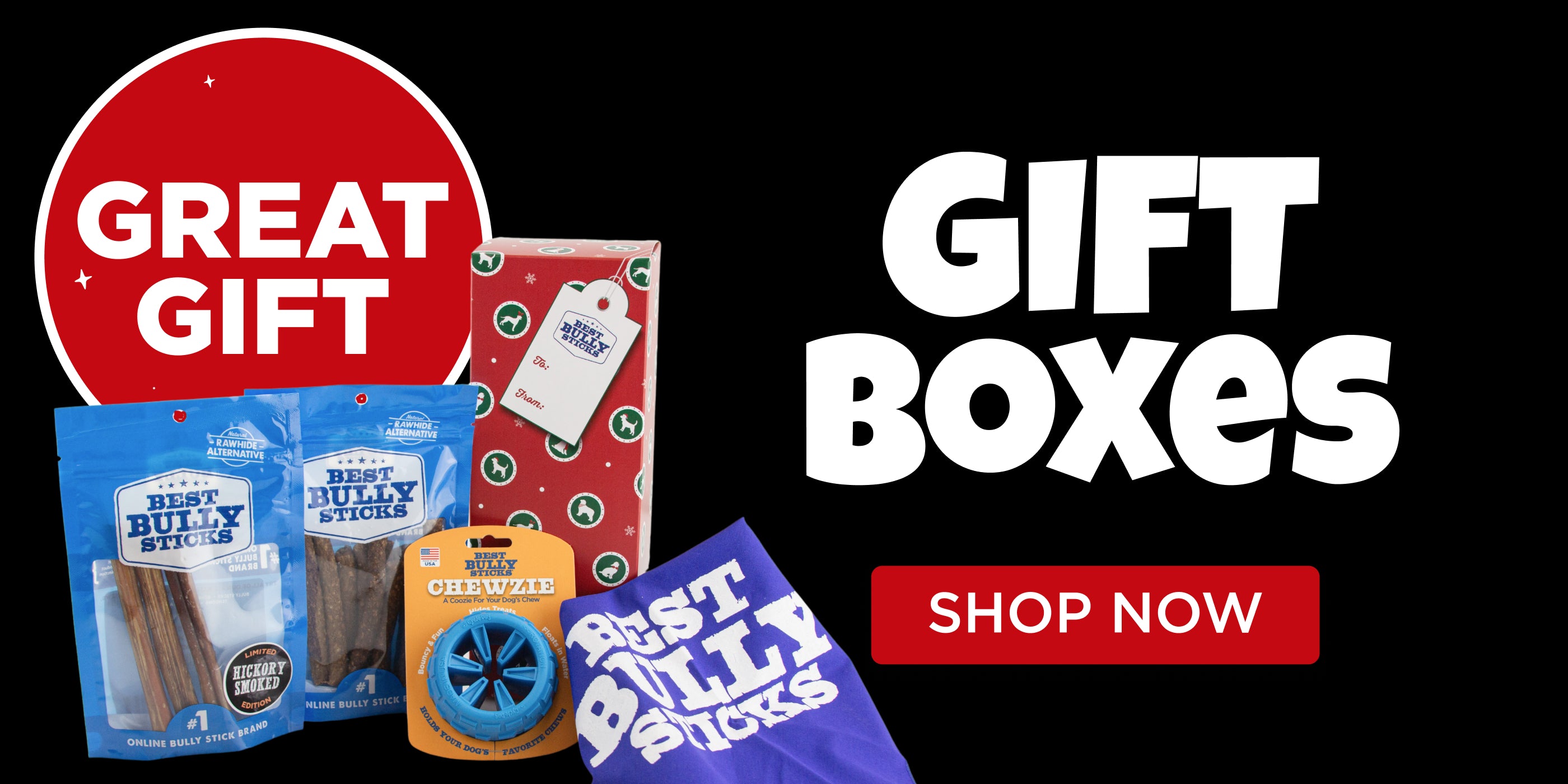 Gift boxes with dog treats and accessories on a black background with 'Great Gift' and 'Shop Now' text.