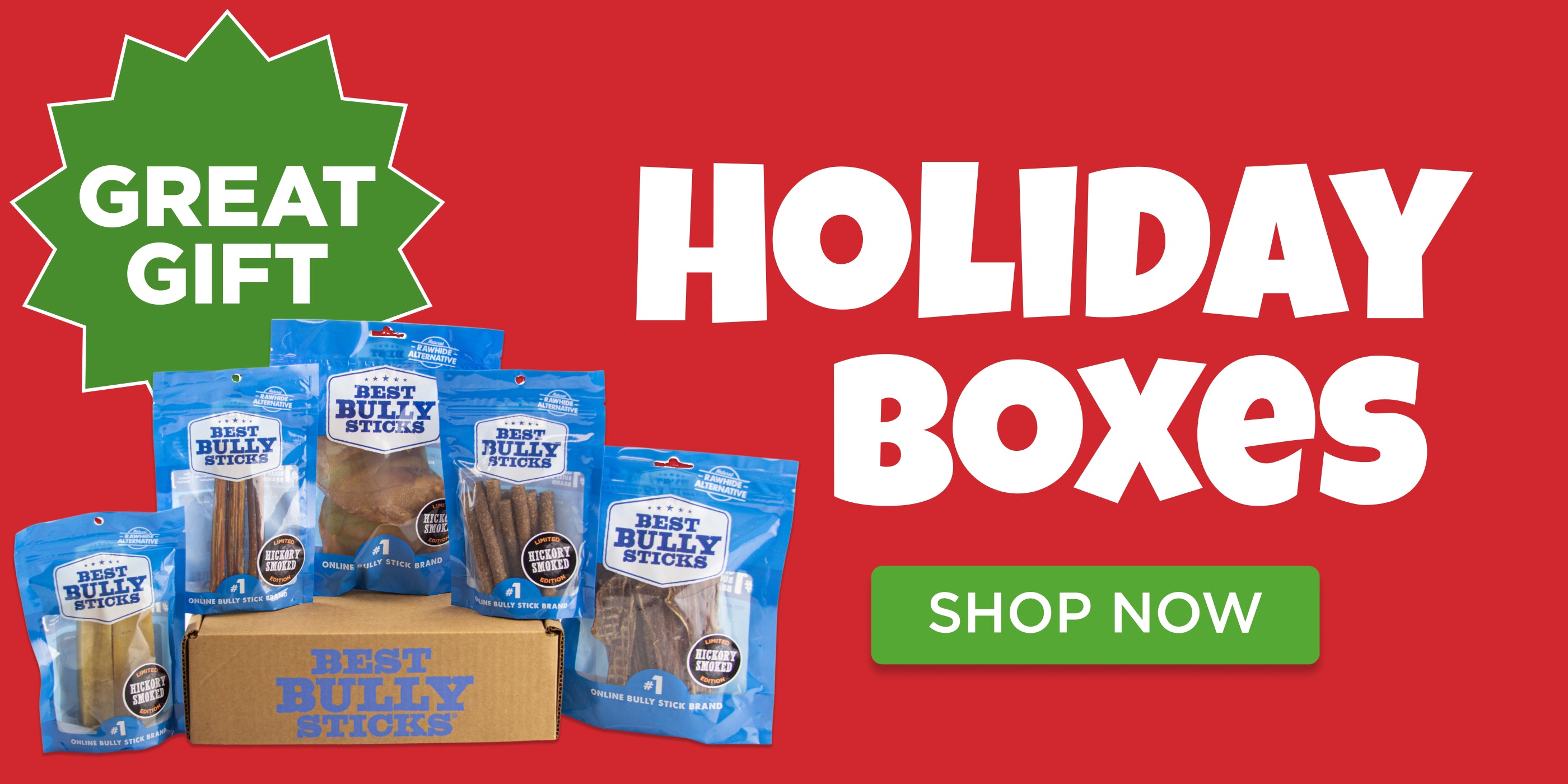 banner for holiday boxes with a red background, green badge, and 'Shop Now' button.