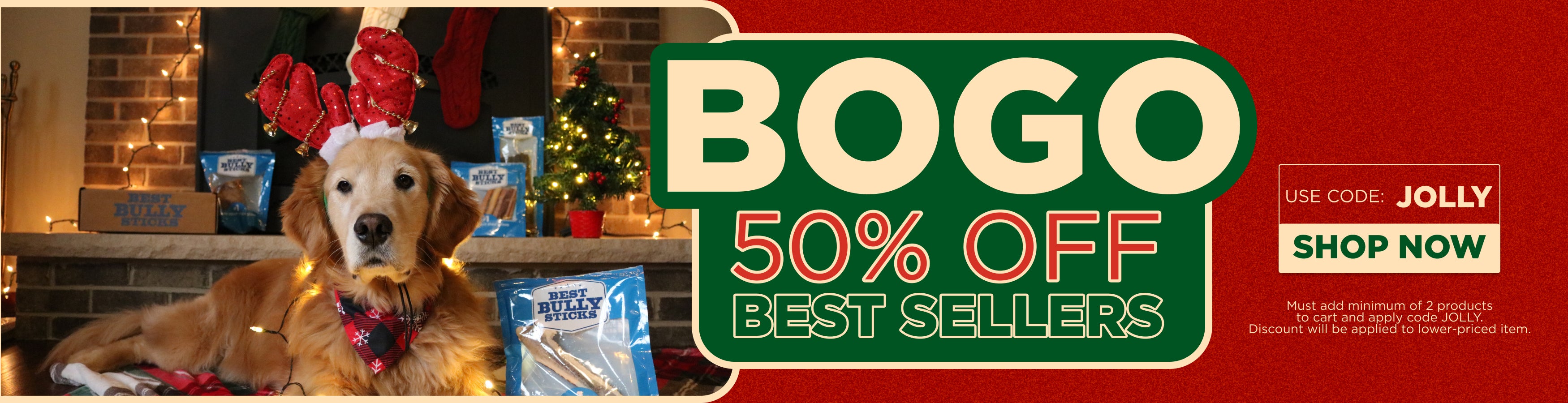 Dog wearing a festive outfit with a BOGO sale sign on a red background