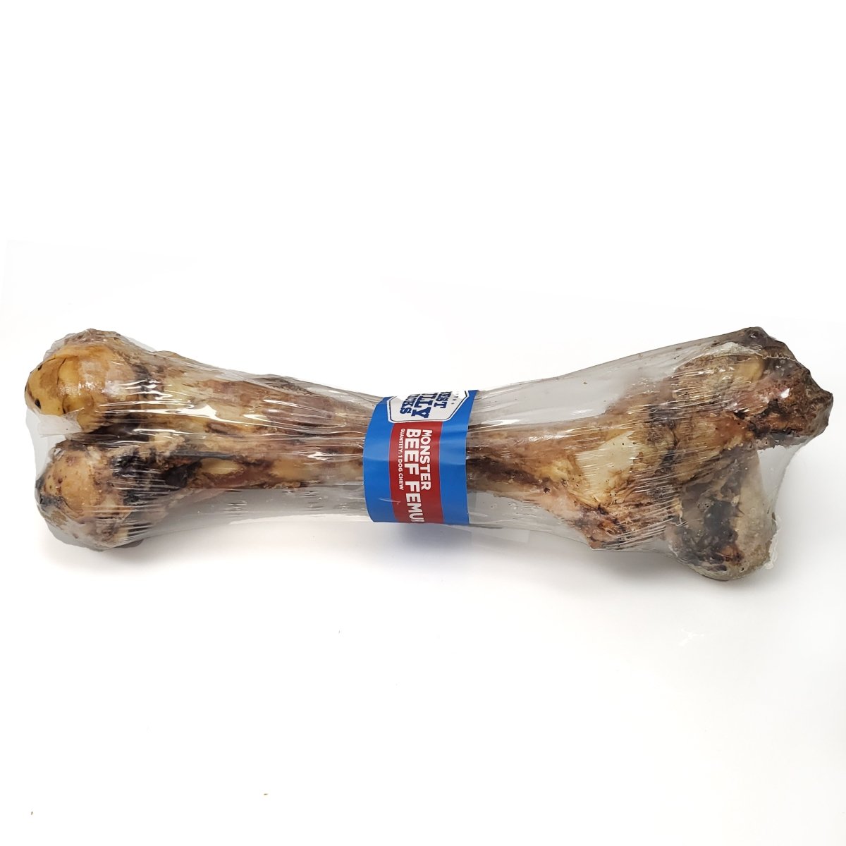 The Best Bully Sticks Monster Femur Bone is a smoked beef chew for extra large dogs, wrapped in clear plastic with a blue and red label around the center, shown on a white background.