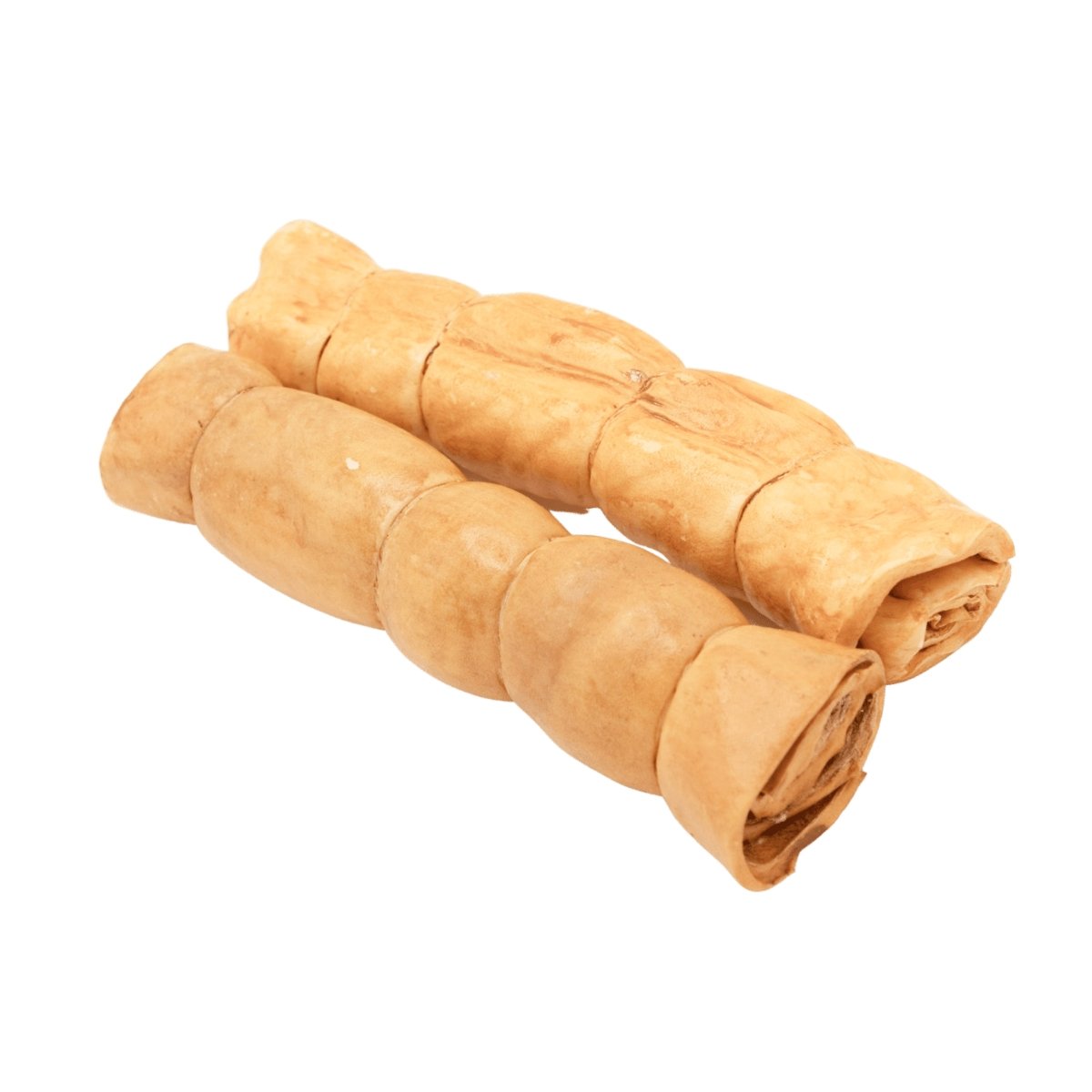 Two Best Bully Sticks Peanut Butter Beef Cheek - Large dog chews, made with collagen and flavored with savory peanut butter, are placed side by side on a white background.