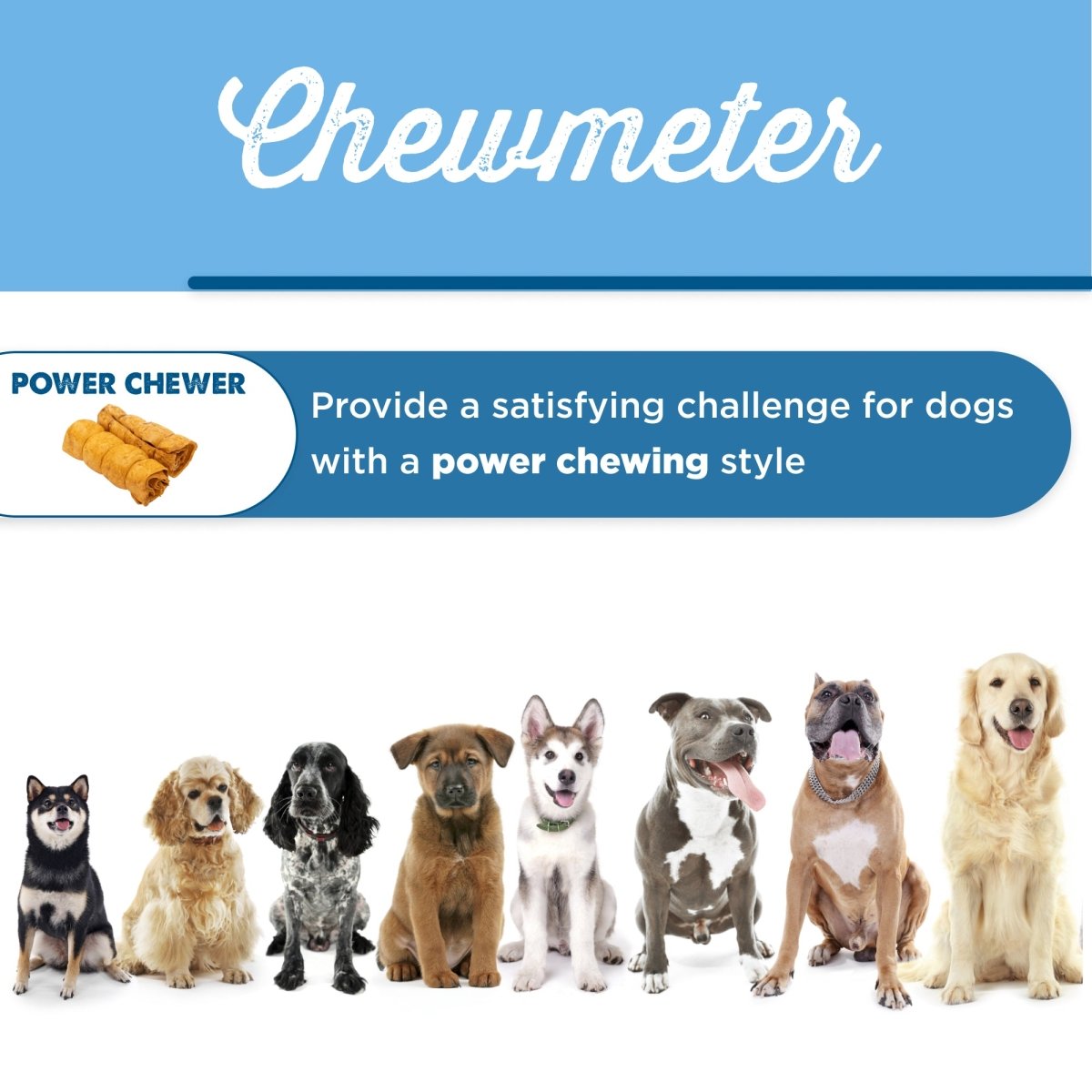 A group of dogs standing in a row with the words Best Bully Sticks Peanut Butter Beef Cheek - Large.