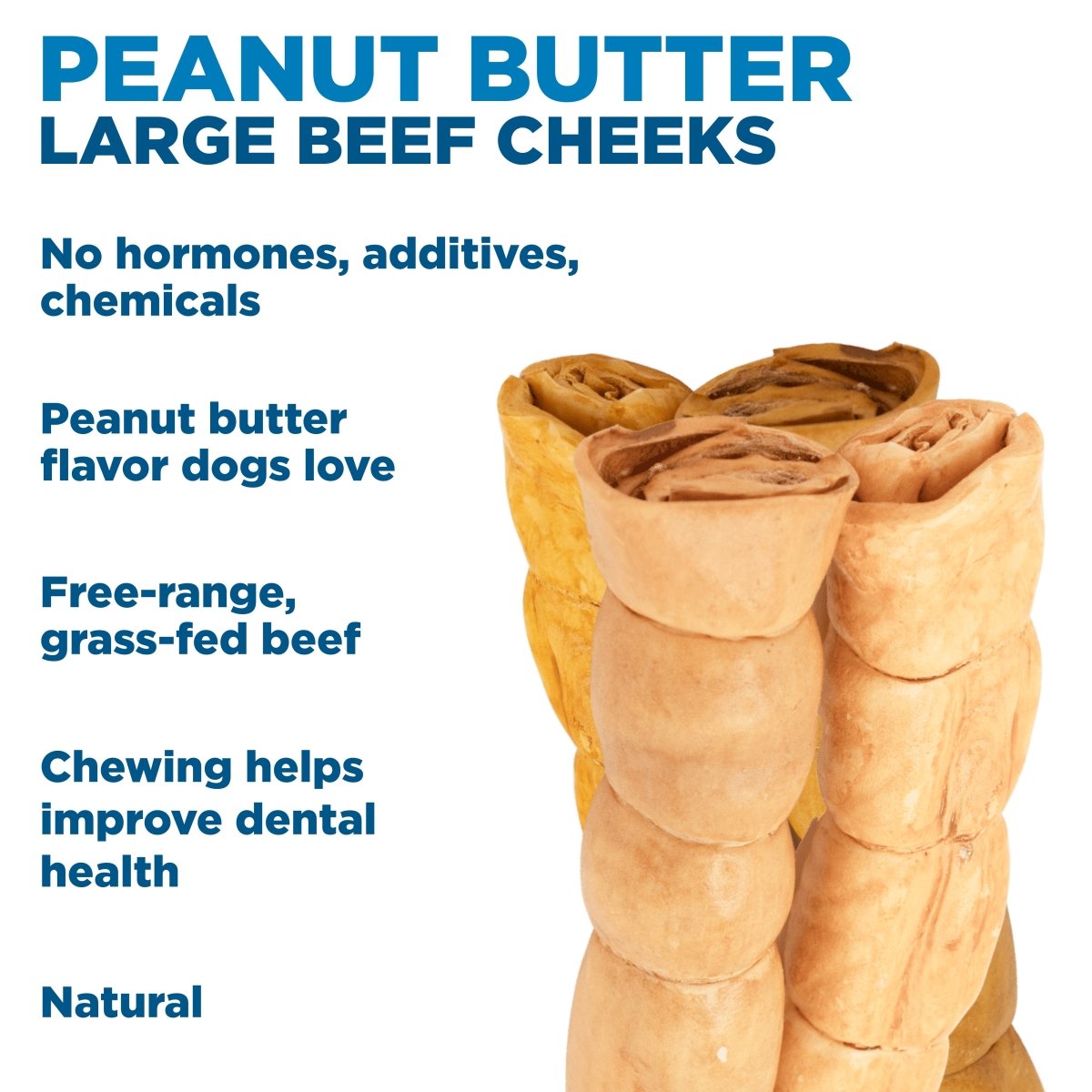 Three large Best Bully Sticks Peanut Butter Beef Cheek dog chews stand upright, with text highlighting natural ingredients, collagen for dogs, and dental health benefits.
