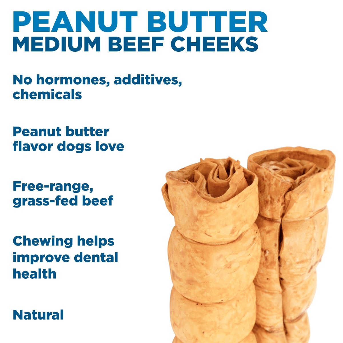 Two Best Bully Sticks Peanut Butter Beef Cheek - Medium dog chews are shown, featuring natural ingredients and peanut butter flavor. These all-natural beef chews support dental health and are a high-collagen treat your pup will love.